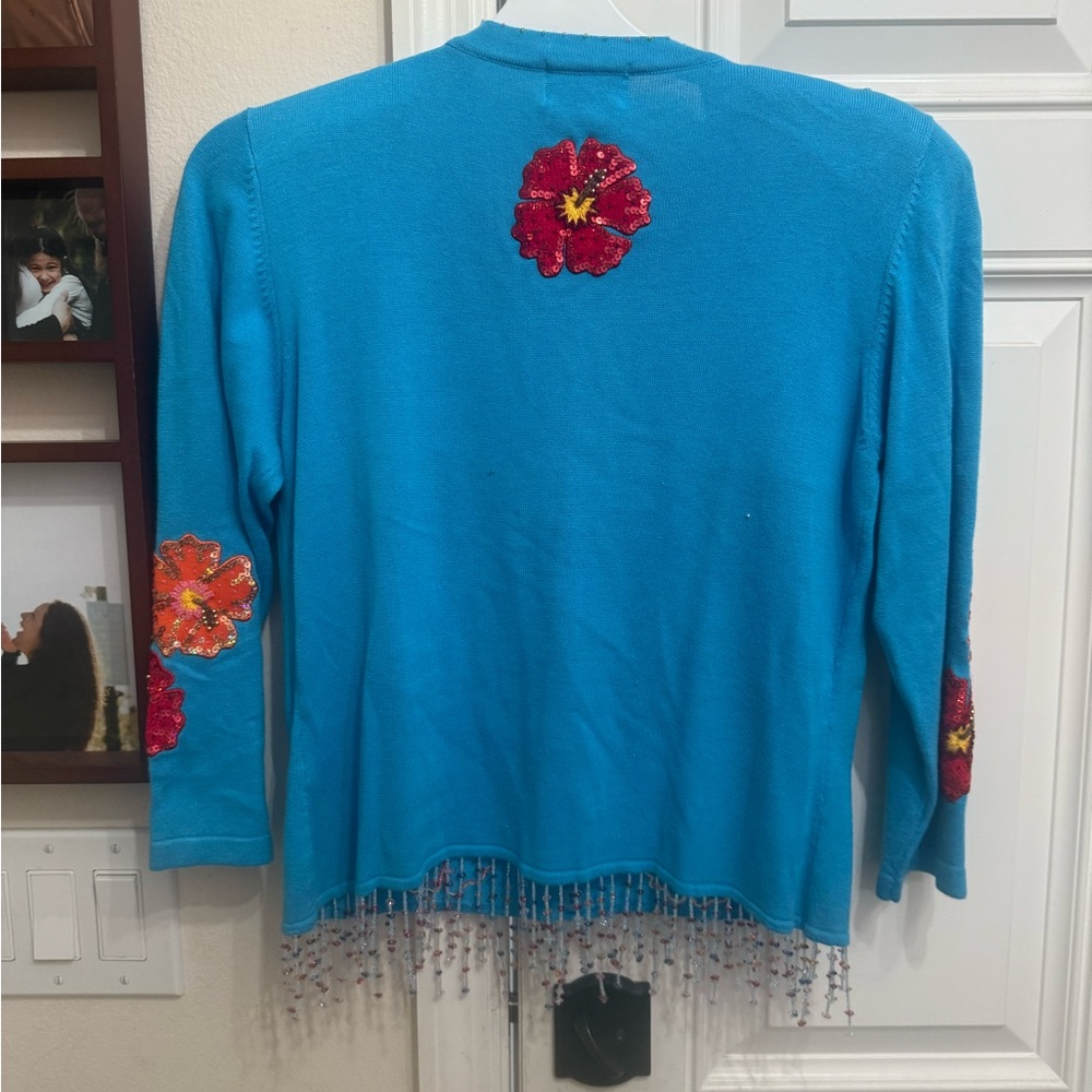 Just Be Blue Cardigan with Floral and Pineapple Embellishments size Medium - Picture 4 of 4